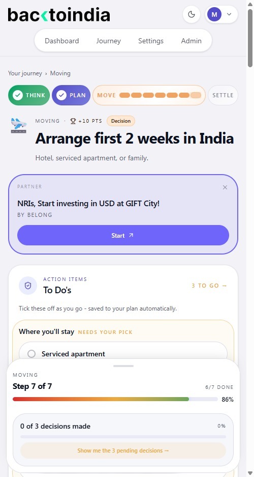 Real partner card inside backtoindia app on mobile: Belong - NRIs, Start investing in USD at GIFT City, Start CTA