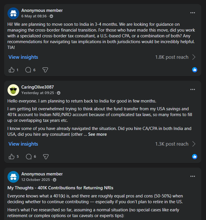 Facebook group posts where returnees ask for recommendations for cross-border tax consultants and CPAs