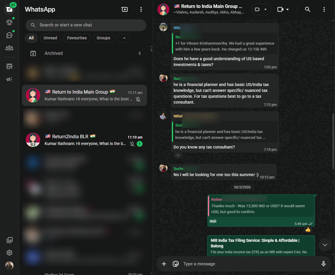 WhatsApp group chat where returnees ask for tax consultant and financial planner recommendations